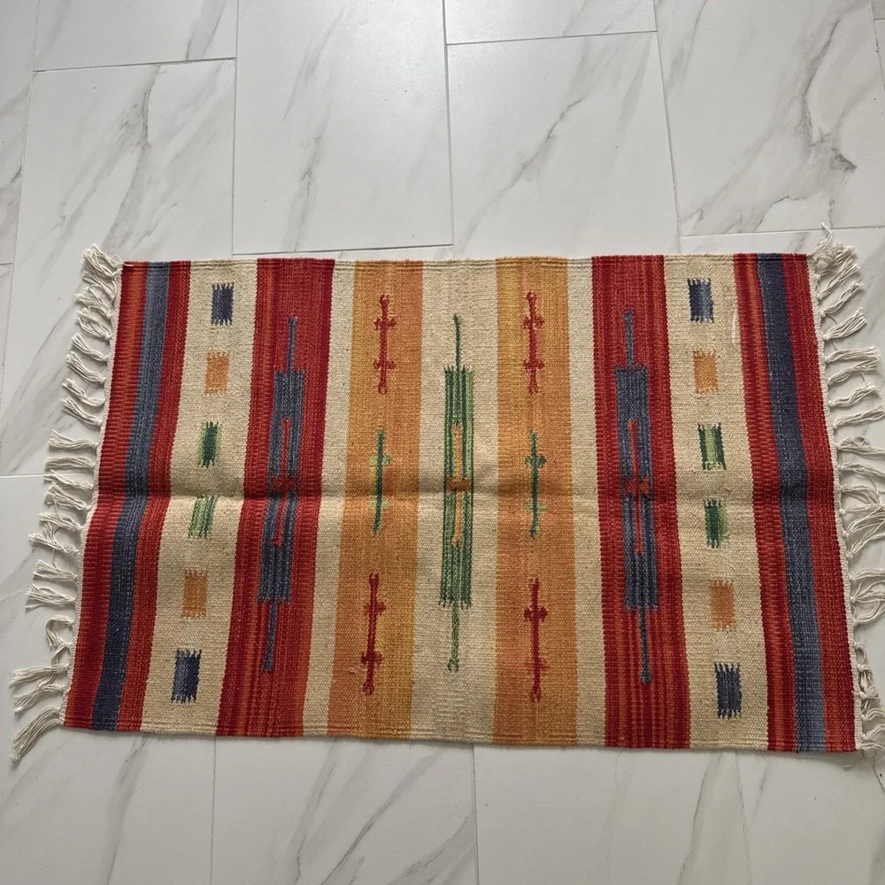 Hand Woven Dhurrie Doormat Rug 3x2ft Kilim Fringed Southwestern Hall Room Aztec